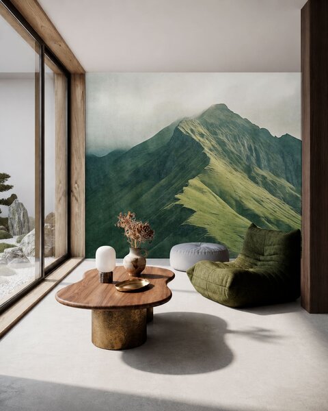 Carta da parati Malachite di montagna con pendii verdi e una vetta avvolta da una leggera nebbia, Carta da parati Natura, w05820 : Uwalls.it