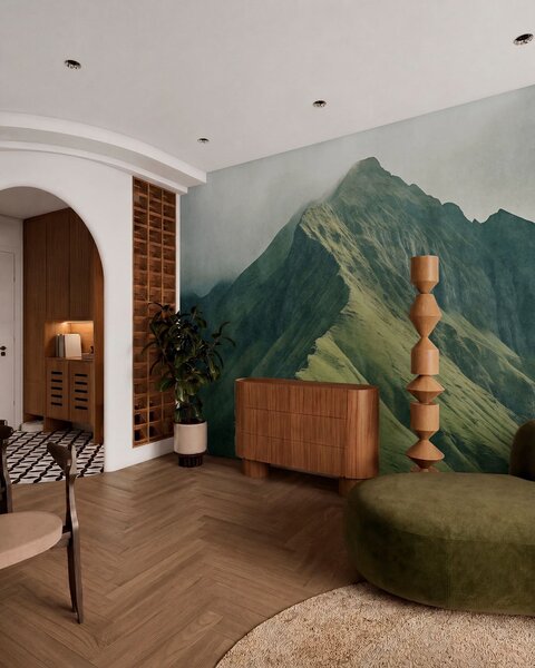 Carta da parati Malachite di montagna con pendii verdi e una vetta avvolta da una leggera nebbia, Carta da parati Natura, w05820 : Uwalls.it