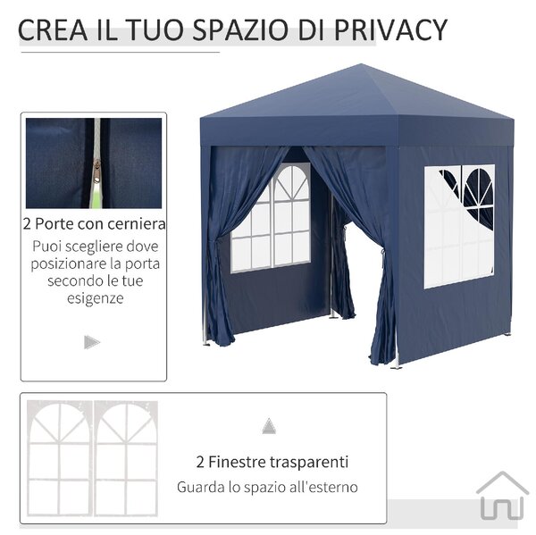 VivaGarden Gazebo da Giardino 2x2 mt Pieghevole in Acciaio/Tessuto con Protezione raggi UV e Tende Laterali con Finestre colore Blu