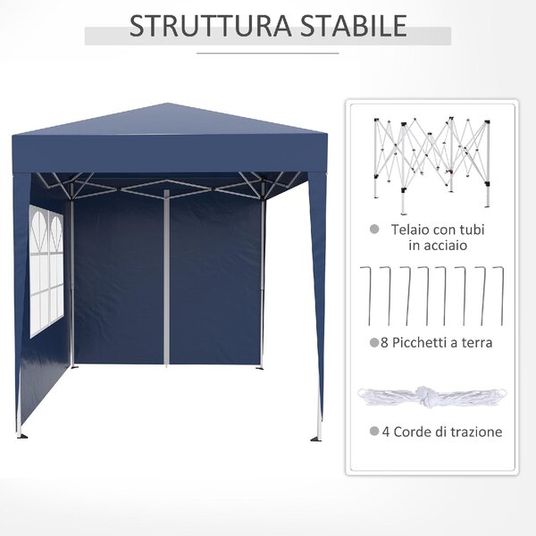 VivaGarden Gazebo da Giardino 2x2 mt Pieghevole in Acciaio/Tessuto con Protezione raggi UV e Tende Laterali con Finestre colore Blu