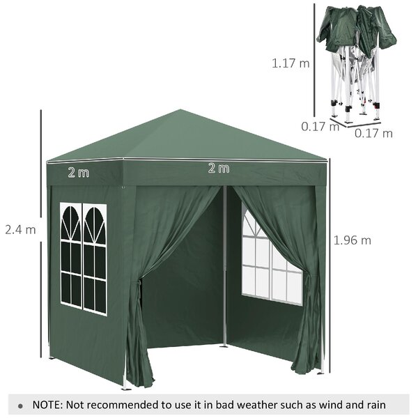 VivaGarden Gazebo da Giardino 2x2 mt Pieghevole in Metallo/Tessuto con Protezione raggi UV e Tende Laterali con Finestre colore Verde