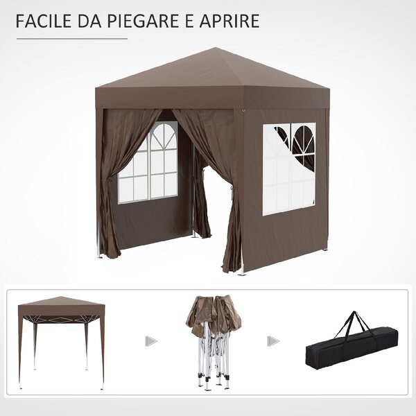 VivaGarden Gazebo da Giardino 2x2 mt Pieghevole in Metallo/Tessuto con Protezione raggi UV e Tende Laterali con Finestre colore Marrone