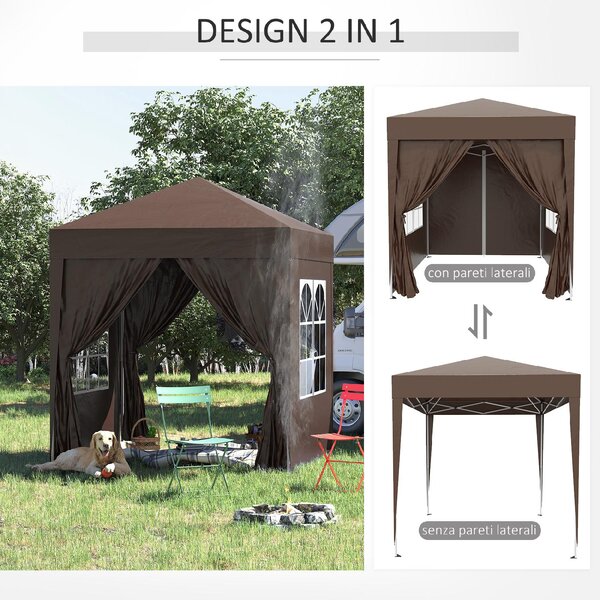 VivaGarden Gazebo da Giardino 2x2 mt Pieghevole in Metallo/Tessuto con Protezione raggi UV e Tende Laterali con Finestre colore Marrone