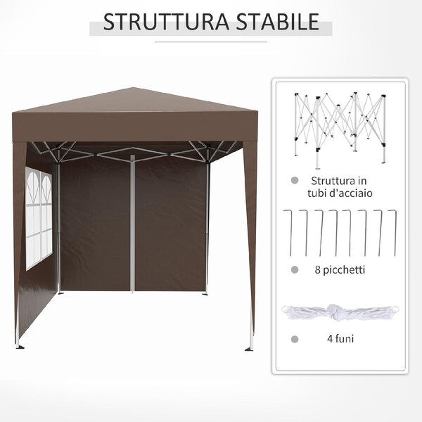 VivaGarden Gazebo da Giardino 2x2 mt Pieghevole in Metallo/Tessuto con Protezione raggi UV e Tende Laterali con Finestre colore Marrone