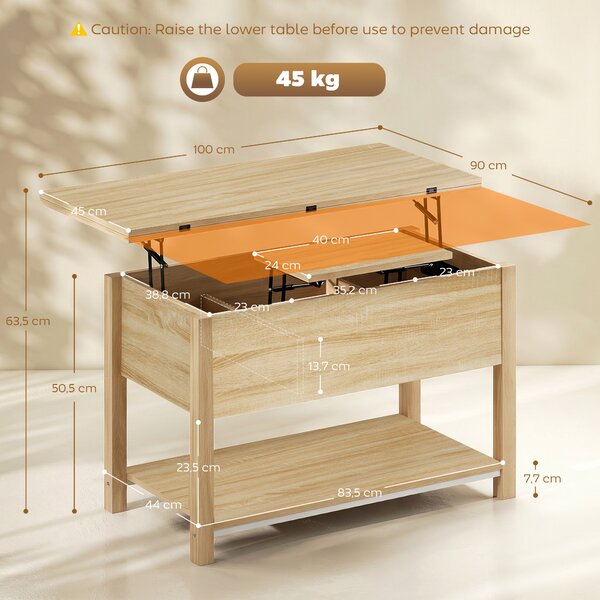 HOMCOM Tavolino da salotto sollevabile ed estensibile con vano nascosto, 100x45x50,5 cm, legno | Aosom Italy