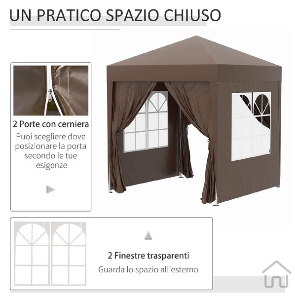 VivaGarden Gazebo da Giardino 2x2 mt Pieghevole in Metallo/Tessuto con Protezione raggi UV e Tende Laterali con Finestre colore Marrone