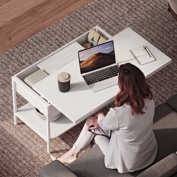 HOMCOM Tavolino da salotto alzabile e allungabile con vano nascosto, 98x49x55 cm, Bianco | Aosom Italy