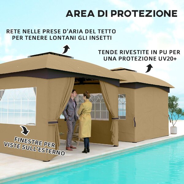 VivaGarden Gazebo da Giardino 3,4x3,4 mt in Metallo/Tessuto con Doppio tetto Protezione raggi UV e Tende Laterali con Finestre colore Beige