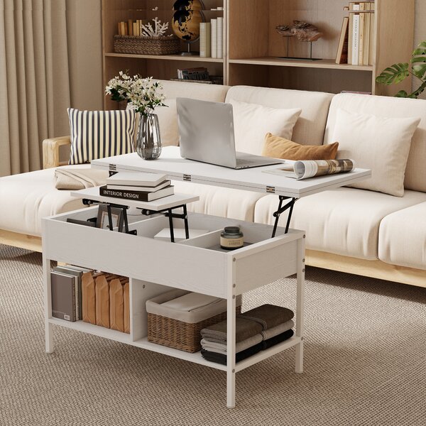 HOMCOM Tavolino da salotto alzabile e allungabile con vano nascosto, 98x49x55 cm, Bianco | Aosom Italy