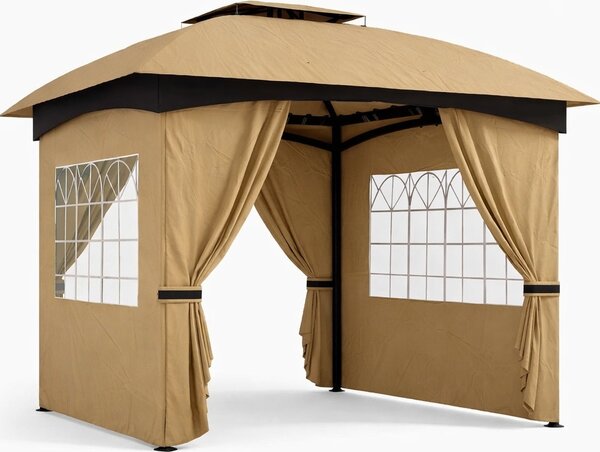 VivaGarden Gazebo da Giardino 3,4x3,4 mt in Metallo/Tessuto con Doppio tetto Protezione raggi UV e Tende Laterali con Finestre colore Beige