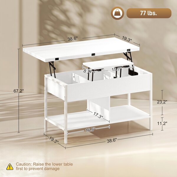 HOMCOM Tavolino da salotto alzabile e allungabile con vano nascosto, 98x49x55 cm, Bianco | Aosom Italy