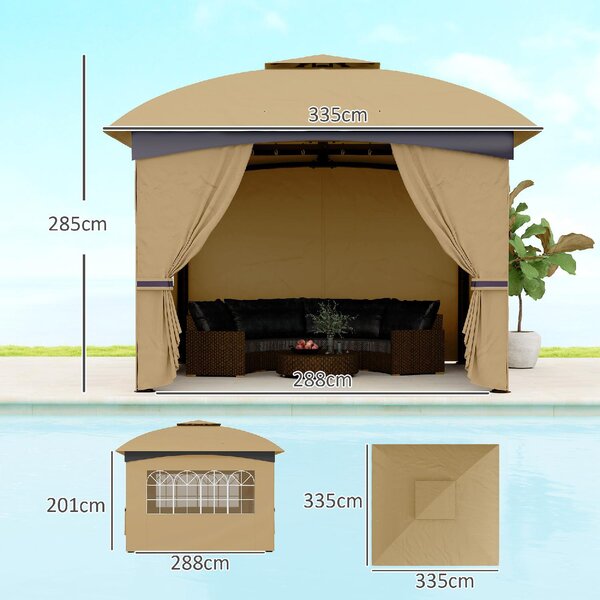 VivaGarden Gazebo da Giardino 3,4x3,4 mt in Metallo/Tessuto con Doppio tetto Protezione raggi UV e Tende Laterali con Finestre colore Beige