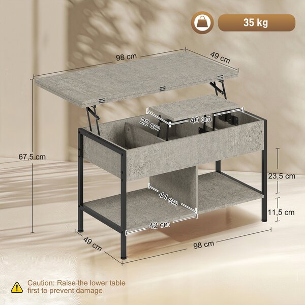HOMCOM Tavolino da salotto sollevabile e allungabile con vano nascosto, 98x49x55 cm, Grigio | Aosom Italy