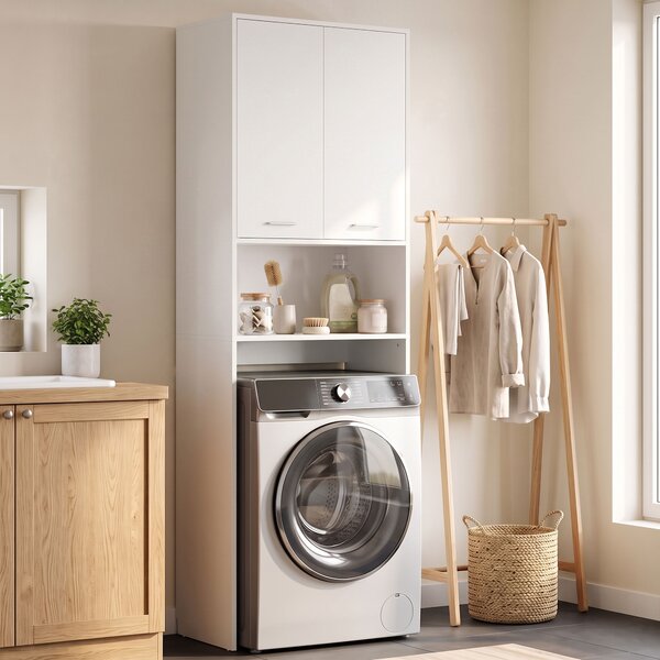 HOMCOM Mobile sopra lavatrice con 2 ante e vano aperto, 66x24x191 cm, Bianco | Aosom Italy