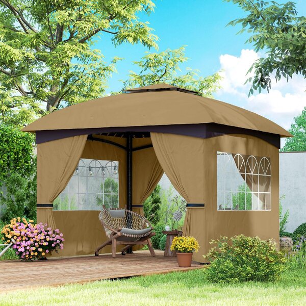 VivaGarden Gazebo da Giardino 3,4x3,4 mt in Metallo/Tessuto con Doppio tetto Protezione raggi UV e Tende Laterali con Finestre colore Beige