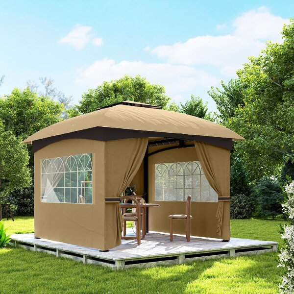 VivaGarden Gazebo da Giardino 3,4x3,4 mt in Metallo/Tessuto con Doppio tetto Protezione raggi UV e Tende Laterali con Finestre colore Beige