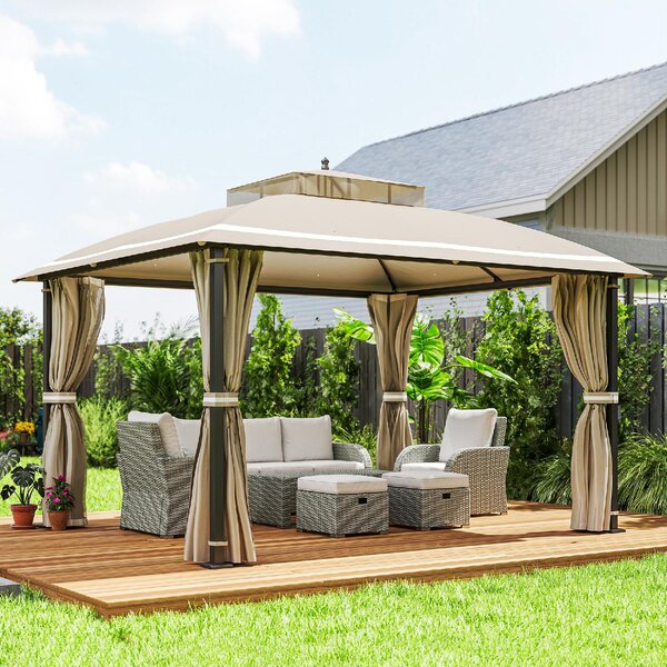 VivaGarden Gazebo da Giardino 3,7x3 mt in Metallo/Tessuto con Doppio tetto e Tende colore Beige