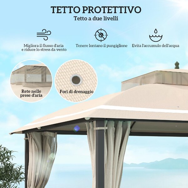 VivaGarden Gazebo da Giardino 3,7x3 mt in Metallo/Tessuto con Doppio tetto e Tende colore Beige