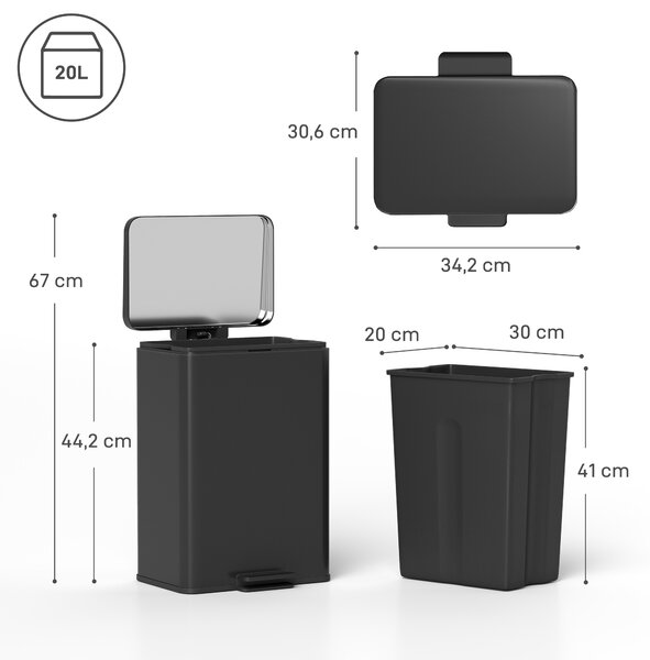 HOMCOM Pattumiera 20 L a pedale con coperchio soft-close e secchio rimovibile, Nero opaco | Aosom Italy