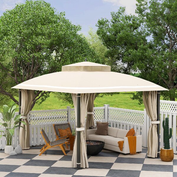 VivaGarden Gazebo da Giardino 3,7x3 mt in Metallo/Tessuto con Doppio tetto e Tende colore Beige