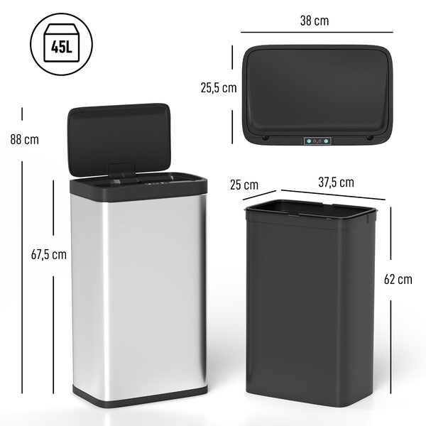 HOMCOM Pattumiera con sensore di movimento 45 L e coperchio soft-close, Argento | Aosom Italy