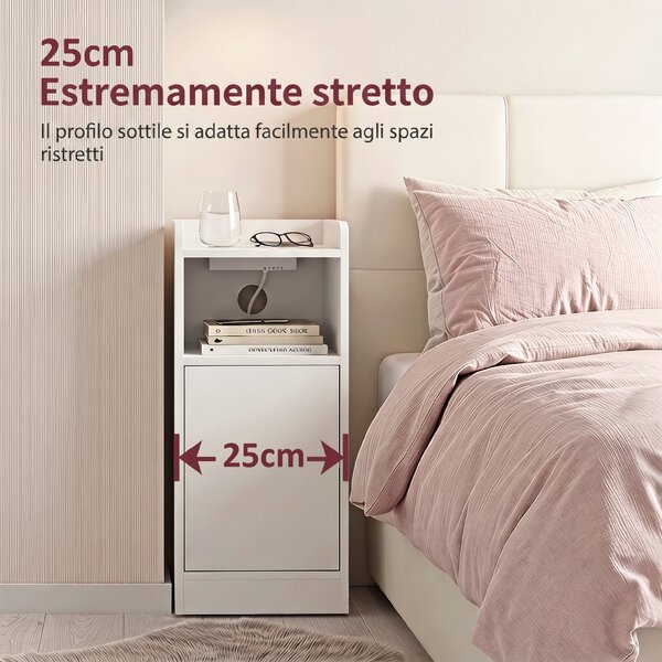 HOMCOM Set 2 comodini con stazione di ricarica, armadietto e ripiano, 25x30x60 cm, Bianco | Aosom Italy