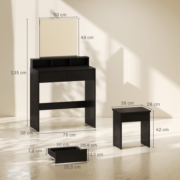 HOMCOM Tavolo da Trucco con Specchio, 3 Ripiani, 2 Cassetti e Sgabello, in Legno, 75x38x135 cm, Nero | Aosom Italy
