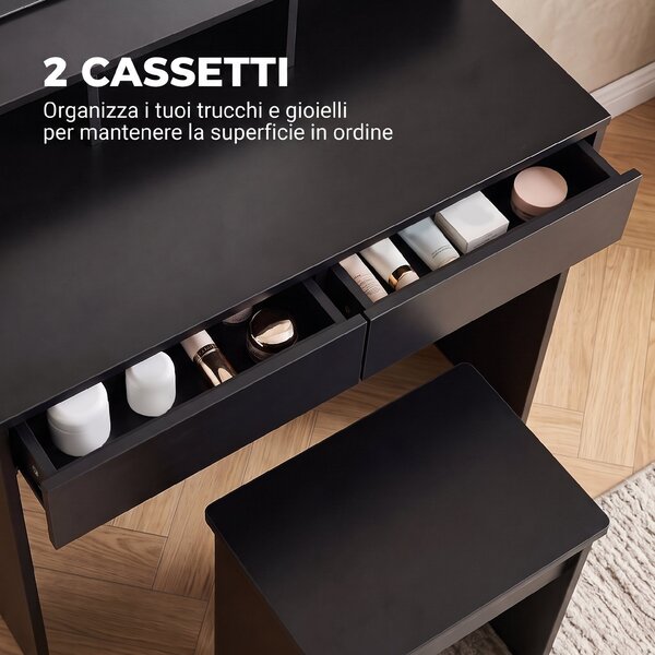 HOMCOM Tavolo da Trucco con Specchio, 3 Ripiani, 2 Cassetti e Sgabello, in Legno, 75x38x135 cm, Nero | Aosom Italy