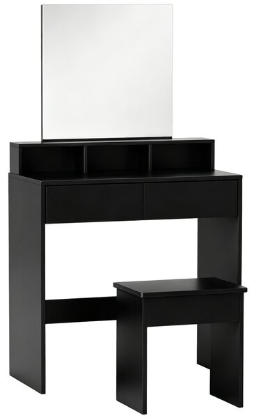 HOMCOM Tavolo da Trucco con Specchio, 3 Ripiani, 2 Cassetti e Sgabello, in Legno, 75x38x135 cm, Nero | Aosom Italy