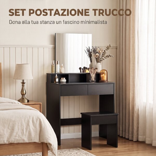 HOMCOM Tavolo da Trucco con Specchio, 3 Ripiani, 2 Cassetti e Sgabello, in Legno, 75x38x135 cm, Nero | Aosom Italy