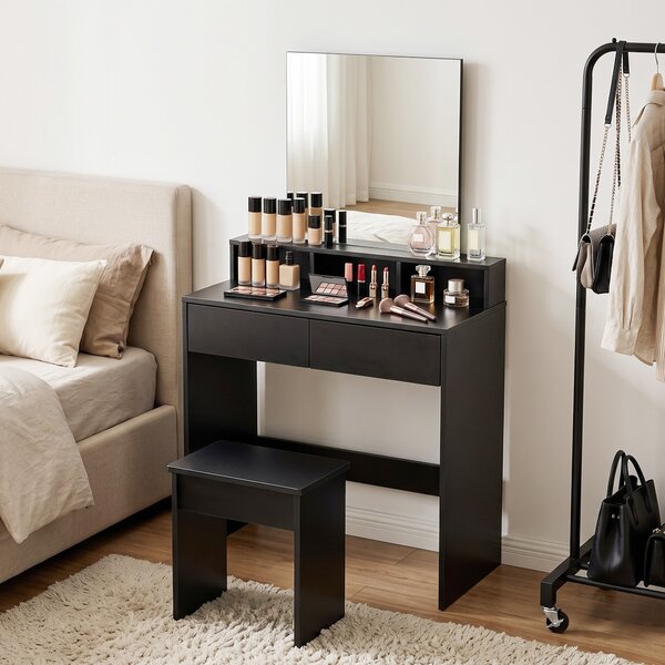 HOMCOM Tavolo da Trucco con Specchio, 3 Ripiani, 2 Cassetti e Sgabello, in Legno, 75x38x135 cm, Nero | Aosom Italy
