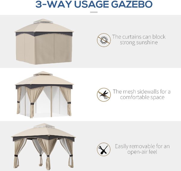 VivaGarden Gazebo da Giardino 3x3 mt in Acciaio/Tessuto con Doppio tetto e Tende colore Beige