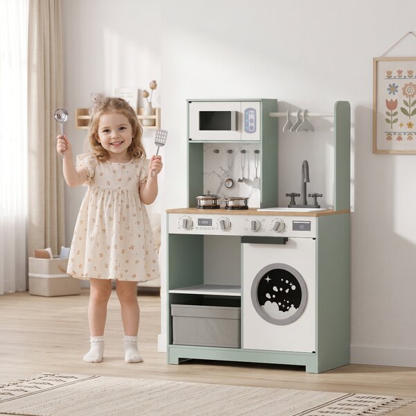 AIYAPLAY Cucina giocattolo per bambini con fornello, lavello, microonde e 5 accessori, Verde | Aosom Italy
