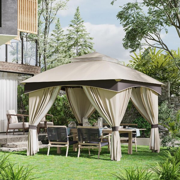 VivaGarden Gazebo da Giardino 3x3 mt in Acciaio/Tessuto con Doppio tetto e Tende colore Beige