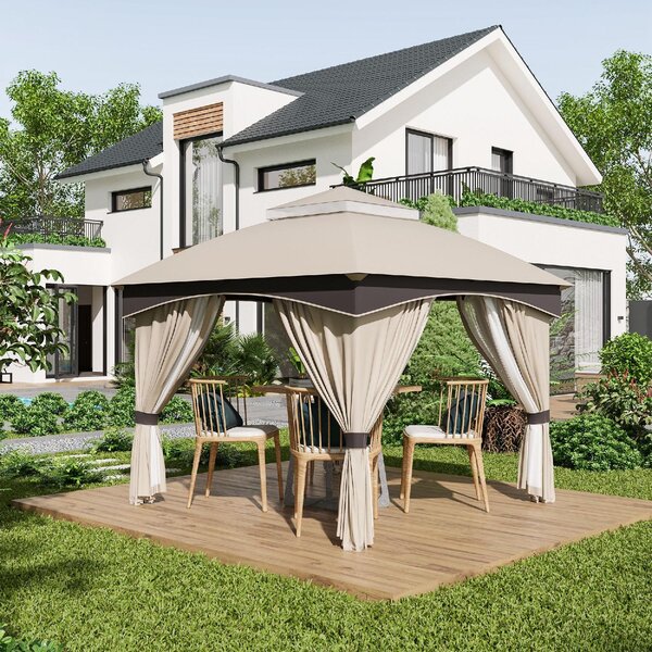 VivaGarden Gazebo da Giardino 3x3 mt in Acciaio/Tessuto con Doppio tetto e Tende colore Beige