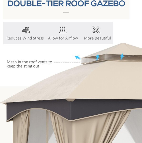 VivaGarden Gazebo da Giardino 3x3 mt in Acciaio/Tessuto con Doppio tetto e Tende colore Beige