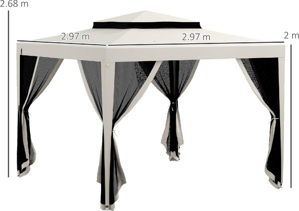 VivaGarden Gazebo da Giardino 3x3 mt in Acciaio/Tessuto con Doppio tetto e Zanzariere colore Bianco
