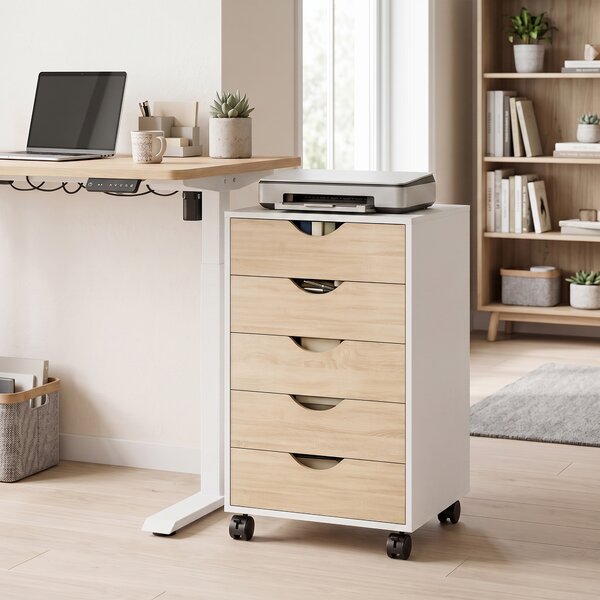 HOMCOM Cassettiera ufficio con ruote e 5 cassetti, 40x40x67 cm, bianco e legno | Aosom Italy
