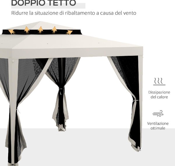 VivaGarden Gazebo da Giardino 3x3 mt in Acciaio/Tessuto con Doppio tetto e Zanzariere colore Bianco