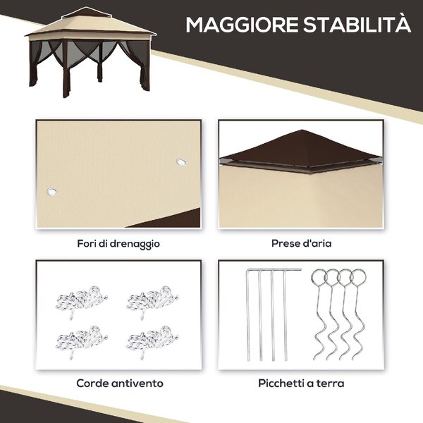 VivaGarden Gazebo da Giardino 3x3 mt in Acciaio/Tessuto con Doppio tetto Protezione raggi UV e Tende colore Beige
