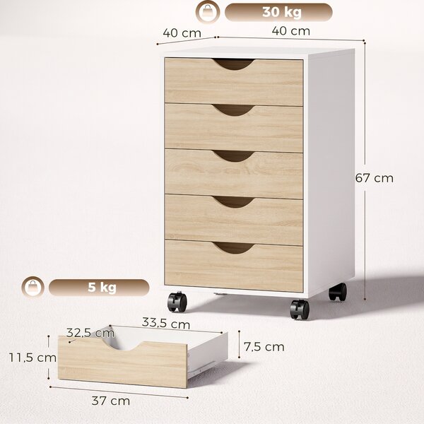 HOMCOM Cassettiera ufficio con ruote e 5 cassetti, 40x40x67 cm, bianco e legno | Aosom Italy