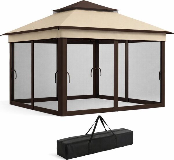 VivaGarden Gazebo da Giardino 3x3 mt in Acciaio/Tessuto con Doppio tetto Protezione raggi UV e Tende colore Beige
