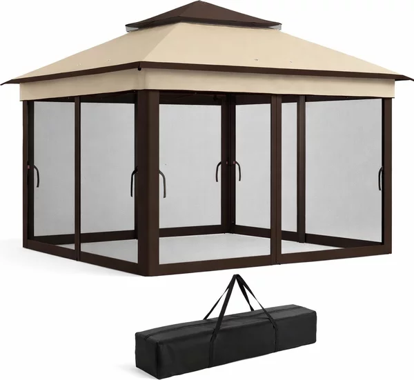 VivaGarden Gazebo da Giardino 3x3 mt in Acciaio/Tessuto con Doppio tetto Protezione raggi UV e Tende colore Beige