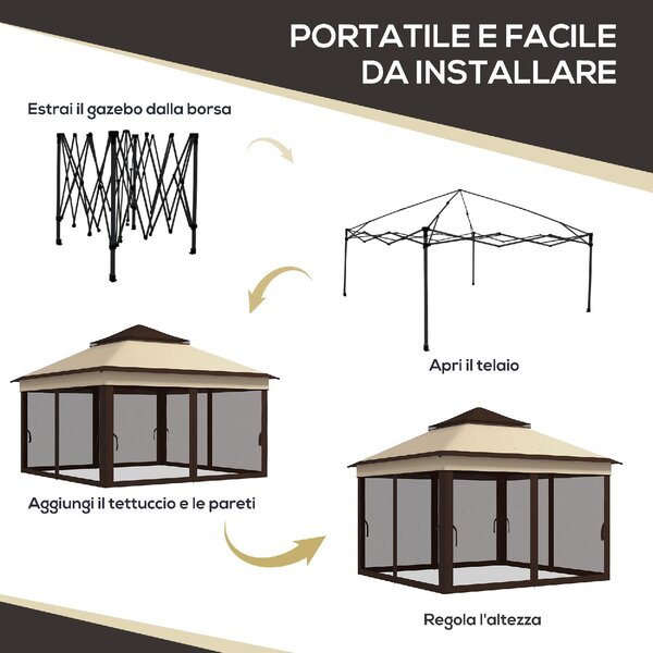 VivaGarden Gazebo da Giardino 3x3 mt in Acciaio/Tessuto con Doppio tetto Protezione raggi UV e Tende colore Beige