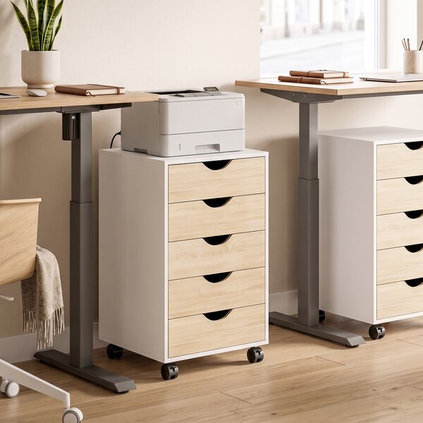 HOMCOM Cassettiera ufficio con ruote e 5 cassetti, 40x40x67 cm, bianco e legno | Aosom Italy