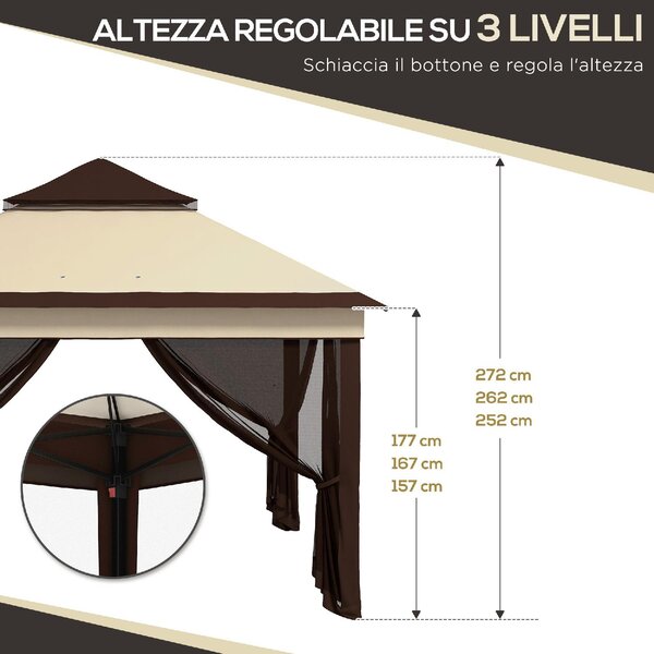 VivaGarden Gazebo da Giardino 3x3 mt in Acciaio/Tessuto con Doppio tetto Protezione raggi UV e Tende colore Beige