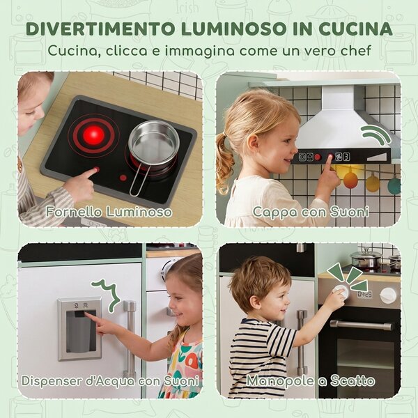 AIYAPLAY Cucina per Bambini 3-8 Anni con Piano Girevole, Fornelli, Luci e Suoni, Forno, Microonde, Verde Chiaro | Aosom Italy