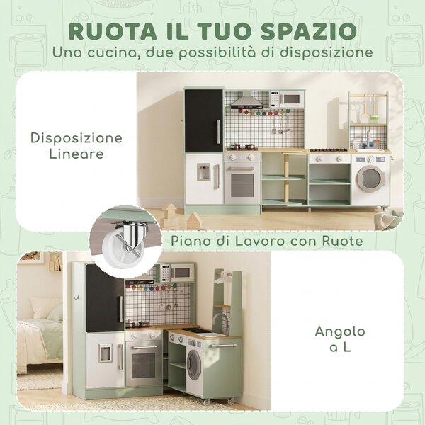 AIYAPLAY Cucina per Bambini 3-8 Anni con Piano Girevole, Fornelli, Luci e Suoni, Forno, Microonde, Verde Chiaro | Aosom Italy