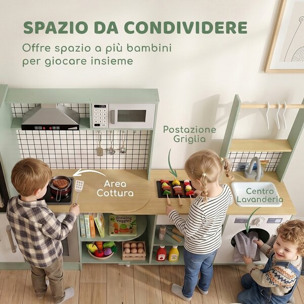 AIYAPLAY Cucina per Bambini 3-8 Anni con Piano Girevole, Fornelli, Luci e Suoni, Forno, Microonde, Verde Chiaro | Aosom Italy