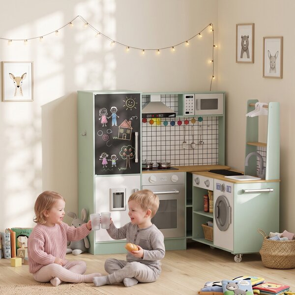 AIYAPLAY Cucina per Bambini 3-8 Anni con Piano Girevole, Fornelli, Luci e Suoni, Forno, Microonde, Verde Chiaro | Aosom Italy